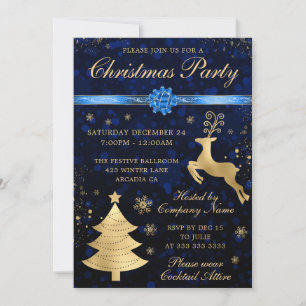 Blue and Gold Reindeer and Tree Christmas Party Invitation