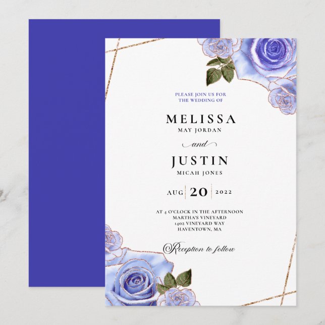 Blue and Gold Rose Glitter Wedding Invitation (Front/Back)