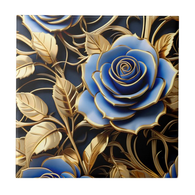 Blue And Gold Roses Art Nouveau Tile (Front)
