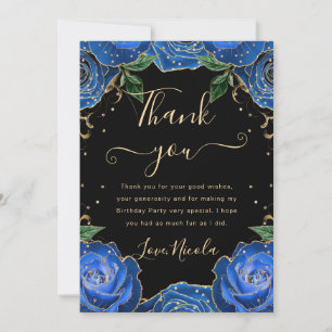 Blue and Gold Roses Floral Birthday Thank You Card