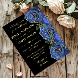 Blue and Gold Roses Floral Wedding Invitation