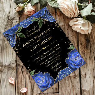 Blue and Gold Roses Floral Wedding Invitation