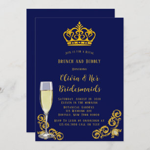 Blue and Gold Royal Crown Brunch and Bubbly Invitation