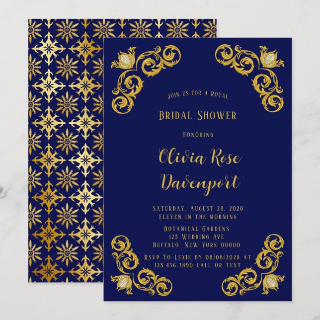 Blue and Gold Royal Crown Damask Bridal Shower Invitation (Front/Back)