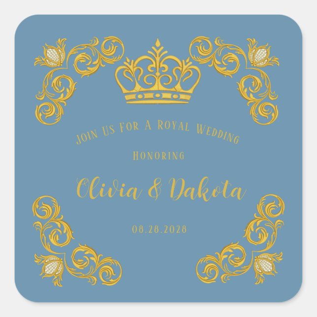 Blue and Gold Royal Crown Wedding Square Sticker (Front)