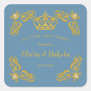 Blue and Gold Royal Crown Wedding Square Sticker