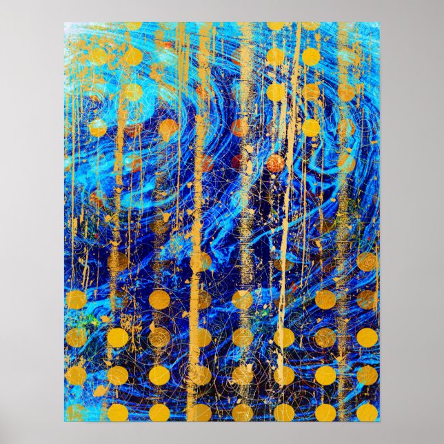 Blue and Gold Rustic Polka Dot Marble Grunge Poster (Front)