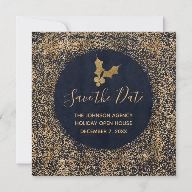 Blue and Gold Save the Date Business Holiday Event Announcement (Front)