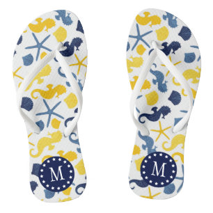 Blue and Gold Seahorse Pattern Monogram Flip Flops