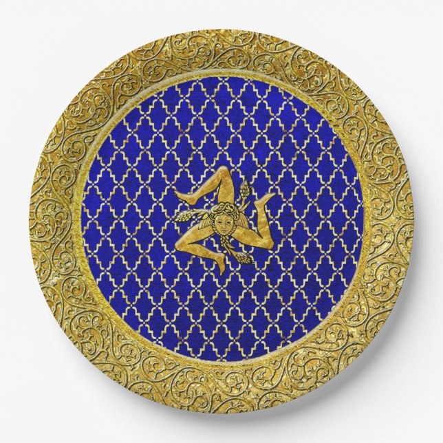 Blue and Gold Sicilian Trinacria Paper Plate (Front)