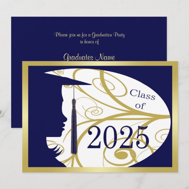 Blue and Gold Silhouette 2025 Graduation Party Invitation (Front/Back)