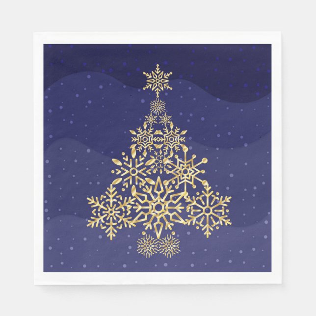 Blue and Gold Snowflake Tree Christmas Napkins (Front)