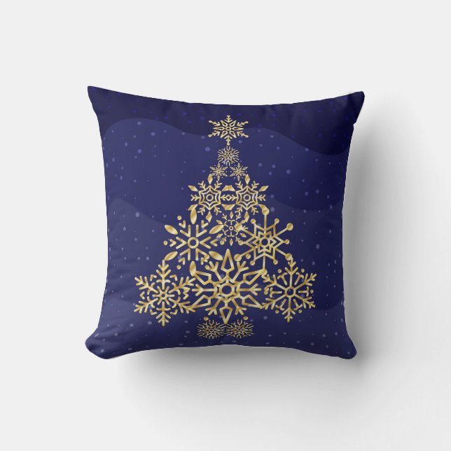 Blue and Gold Snowflake Tree Christmas Pillow (Front)