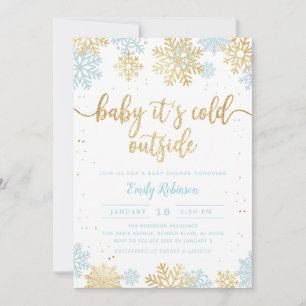 Blue And Gold Snowflake Winter Boy Baby Shower Invitation