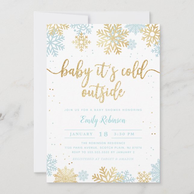 Blue And Gold Snowflake Winter Boy Baby Shower Invitation (Front)