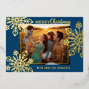 Blue And Gold Snowflakes Merry Christmas Photo Foil Holiday Card