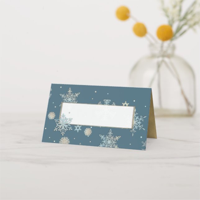 Blue and Gold Snowflakes Wedding Folded Place Card (Front)