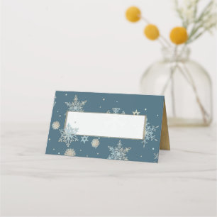 Blue and Gold Snowflakes Wedding Folded Place Card