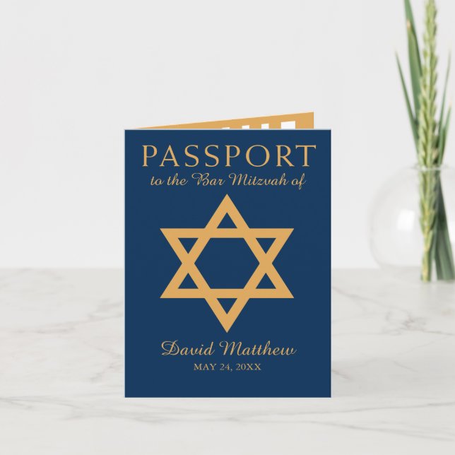 Blue and Gold Star of David Bar Mitzvah Passport Invitation (Front)