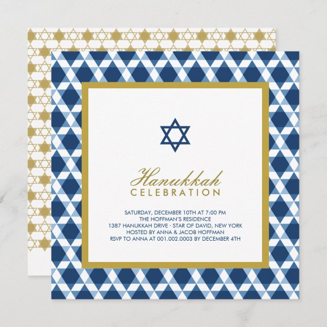Blue And Gold Star Of David Hanukkah Holiday Party Invitation (Front/Back)
