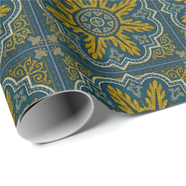 Blue and Gold Star Point Deco Wrapping Paper (Roll Corner)