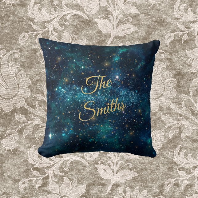 Blue and Gold Starry Galaxy with Monogrammed Name  Throw Pillow (Creator Uploaded)