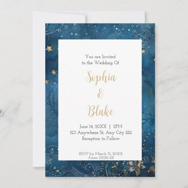 Blue and Gold Starry Night Celestial Wedding Invitation (Front)