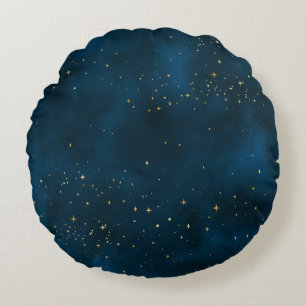 Blue and Gold Starry Night  Round Pillow