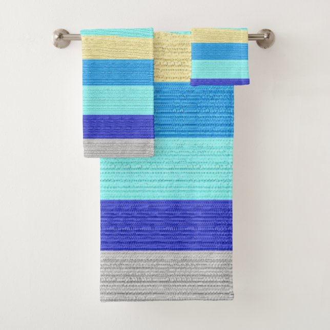 Blue and Gold Striped Bath Towel Sets (Insitu)