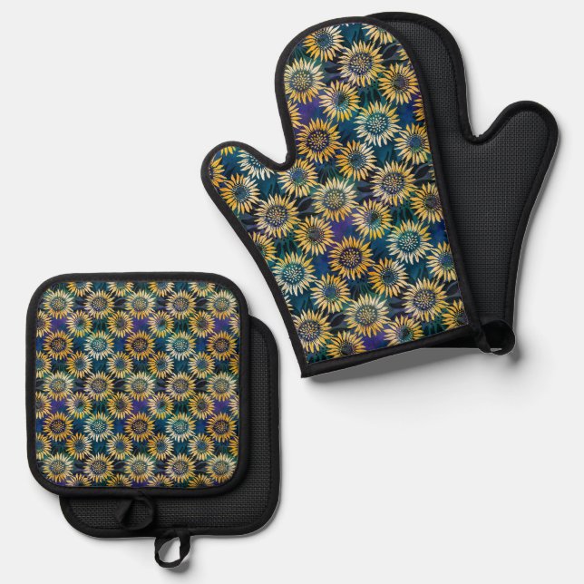 Blue and Gold Sunflower Batik Oven Mitt & Pot Holder Set (Front/Back)