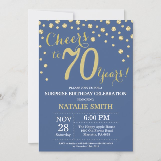 Blue and Gold Surprise 70th Birthday Diamond Invitation (Front)