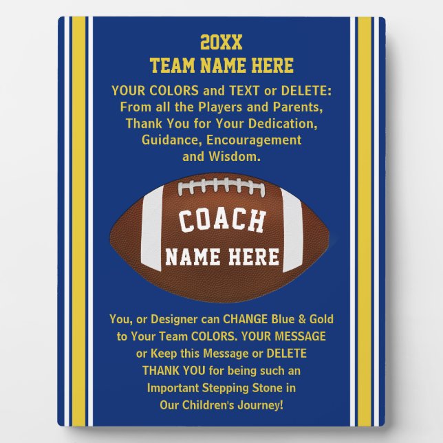 Blue and Gold Thank You Football Coach Gift Ideas Plaque (Front)