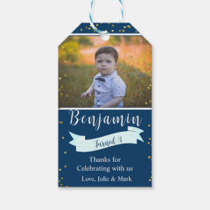 Blue and Gold Third Birthday Photo   Gift Tags