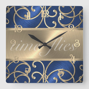 Blue and Gold Time Flies Clock