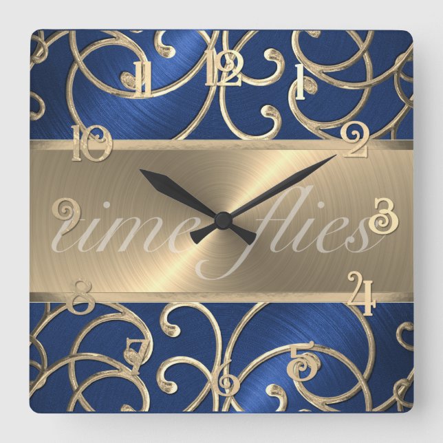 Blue and Gold Time Flies Clock (Front)