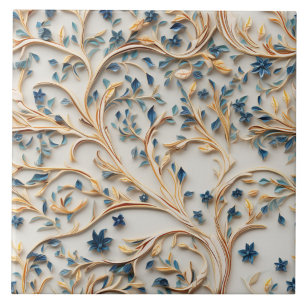 Blue and Gold Tree, Woodcarving Style Tile
