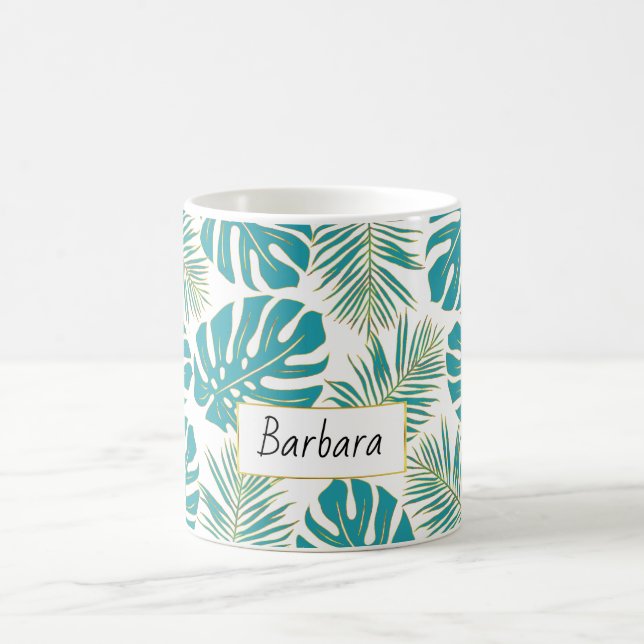 Blue and gold tropical leaves and name coffee mug (Center)
