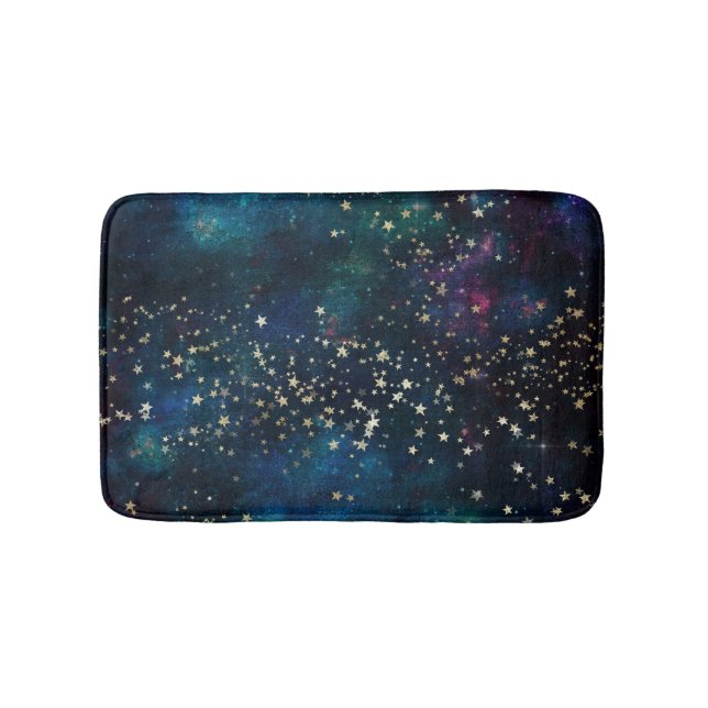 Blue and Gold Under the Stars Night Sky Bath Mat (Front)