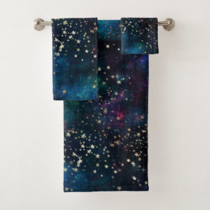 Blue and Gold Under the Stars Night Sky Bath Towel Set