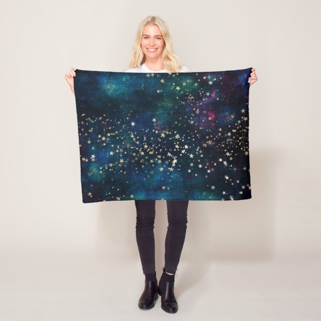 Blue and Gold Under the Stars Night Sky Fleece Blanket (In Situ)