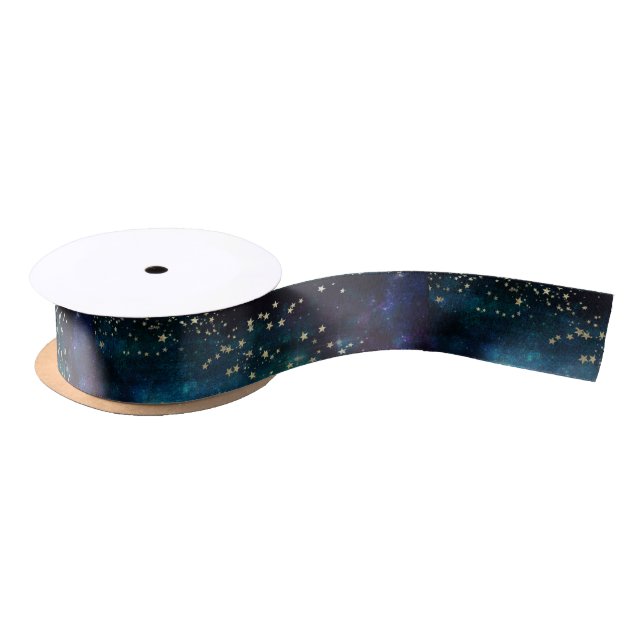 Blue and Gold Under the Stars Night Sky Satin Ribbon (Spool)
