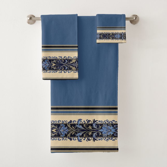 Blue and Gold Victorian Border Bath Towel Set (Insitu)