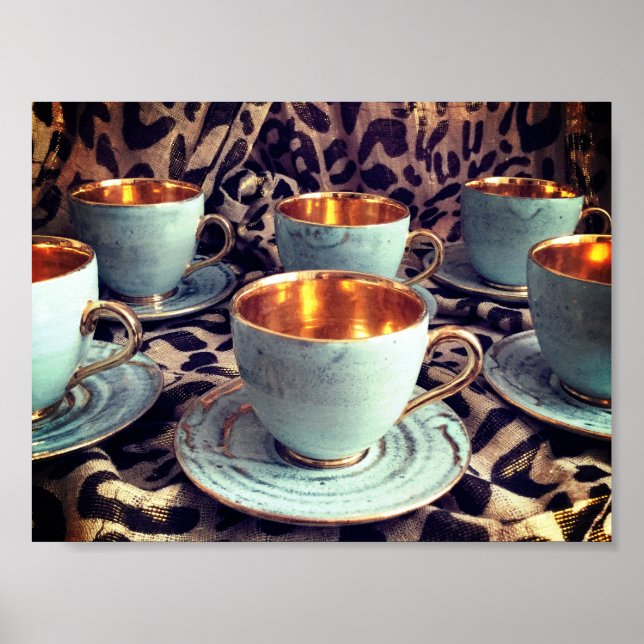 Blue and Gold Vintage Coffee Cups, Leopard Print (Front)