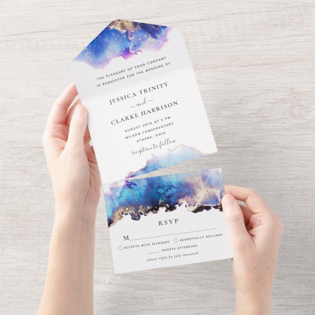 Blue and Gold Watercolor All in One Wedding Invite (Tearaway)