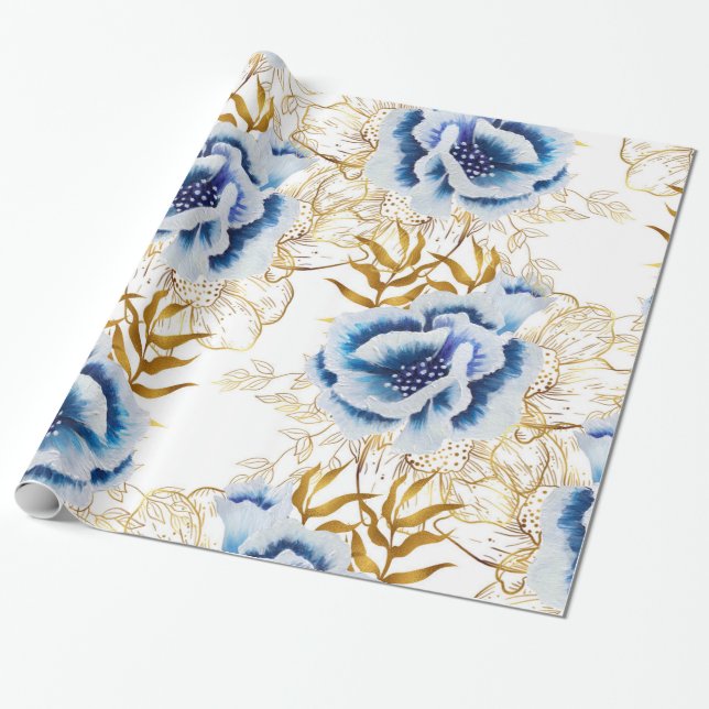 Blue and Gold Watercolor Anemone Wrapping Paper (Unrolled)