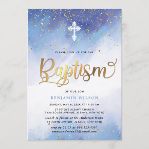 Blue And Gold Watercolor Boy Baptism Invitation
