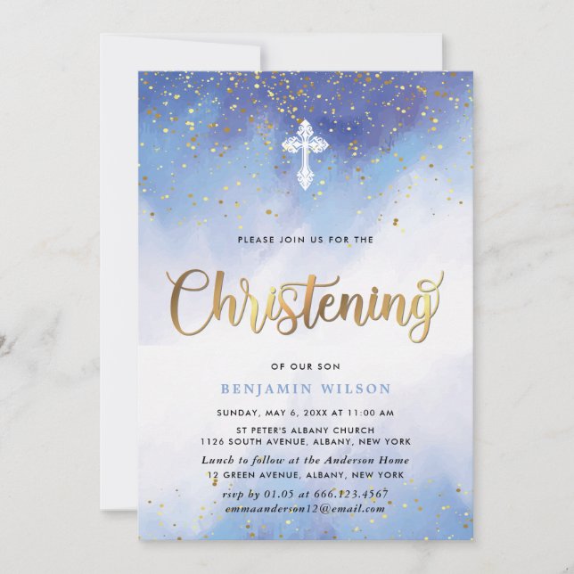 Blue And Gold Watercolor Boy Christening Invitation (Front)