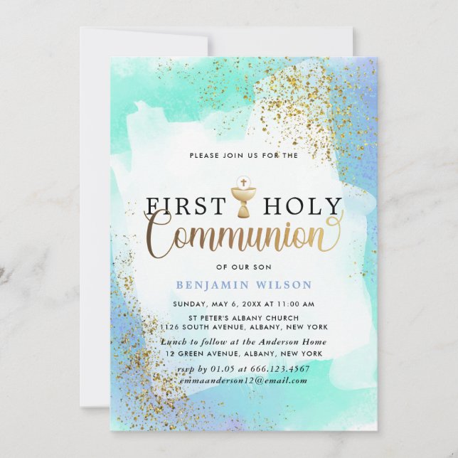 Blue And Gold Watercolor Boy First Holy Communion Invitation (Front)