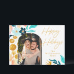 Blue and Gold Watercolor Flowers | 1 Photo Elegant Holiday Card<br><div class="desc">Boho Teal Blue and Gold Watercolor Floral Photo Holiday Card</div>