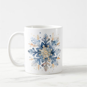 Blue and gold watercolor snowflake  coffee mug